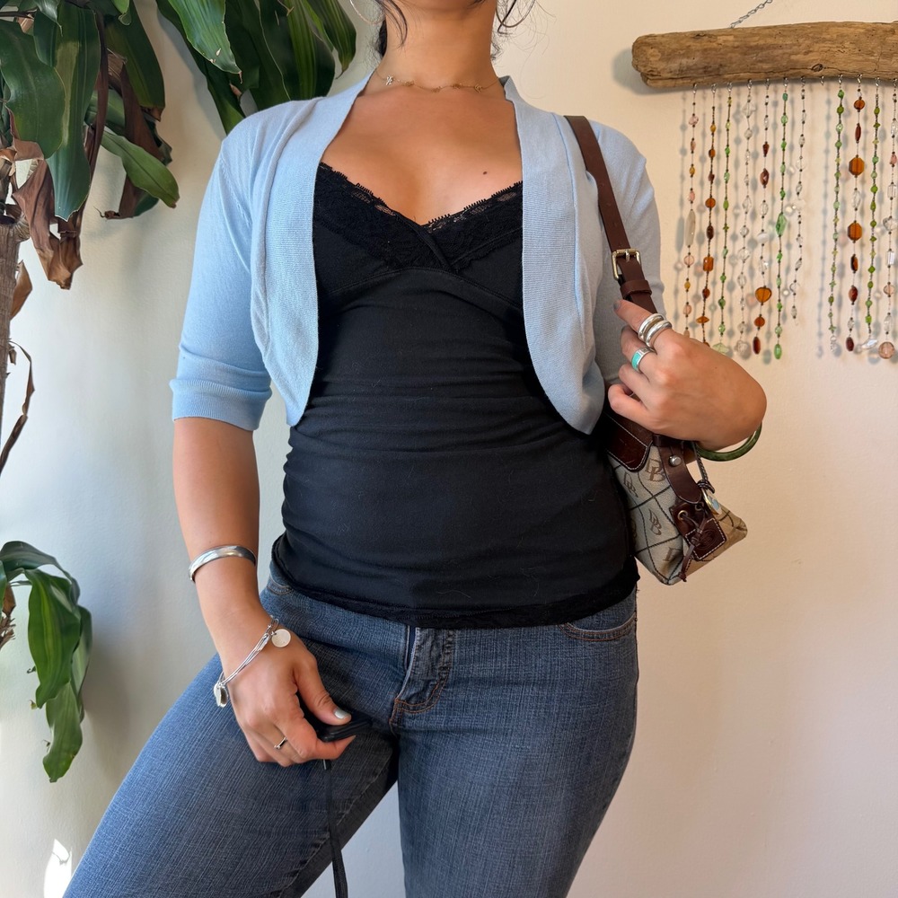 Mossimo Aqua Baby Blue Cropped Bolero Cardigan Twee Knit Shrug Large 2010s y2k
